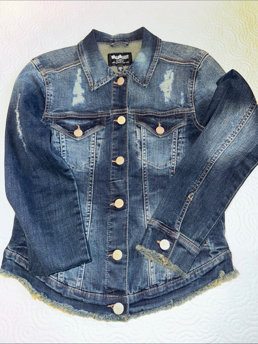 William Rast Distressed Dark Blue Denim Jacket with Frayed Hem